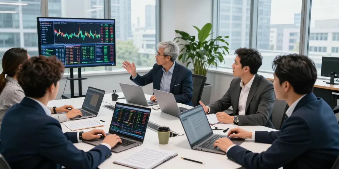 Analisis pasar Kakakjudi dengan trader profesional di kantor modern.