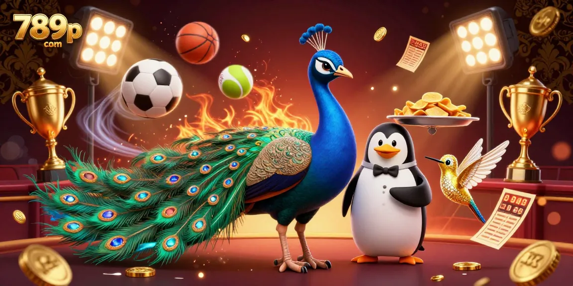 Experience the thrill of 789p com in this vibrant casino scene, featuring cartoon peacock and sports elements.
