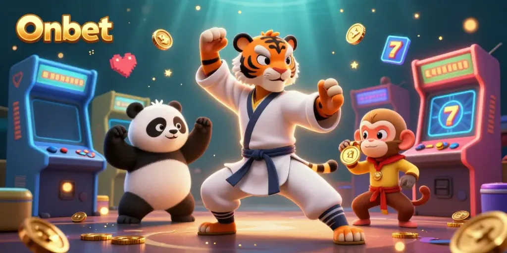 Engage with Onbet as the kung fu tiger master showcases a crane stance amid vibrant casino elements.