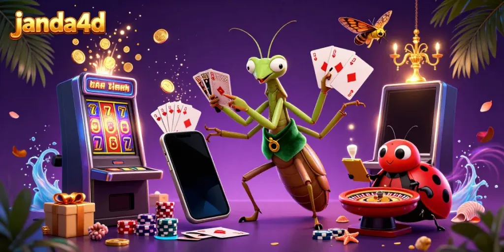 Permainan slot menarik di janda4d dengan ilustrasi kartun raja kartu, pelayan, dan suasana berwarna cerah.