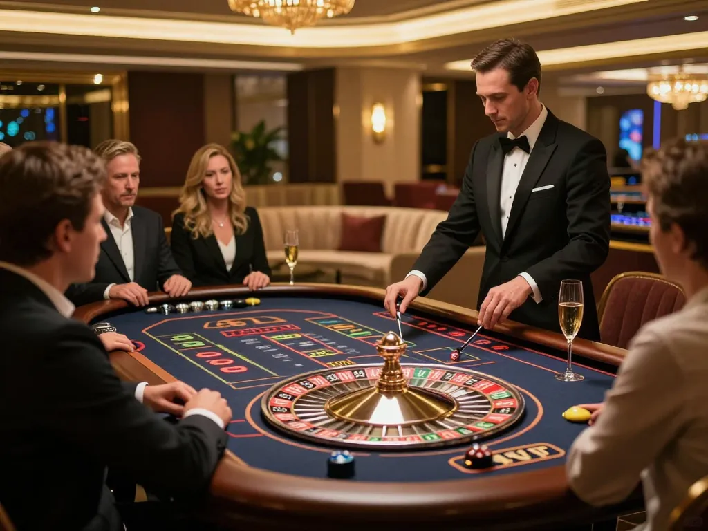 MAY88 uy tín players enjoying intense gameplay at a luxury casino roulette table.