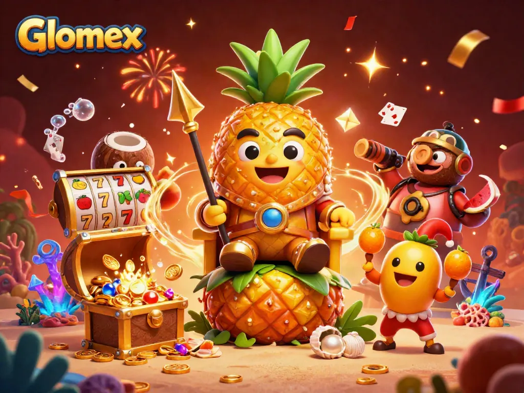Experience thrilling slots with Glomex-themed characters in an exciting casino atmosphere.