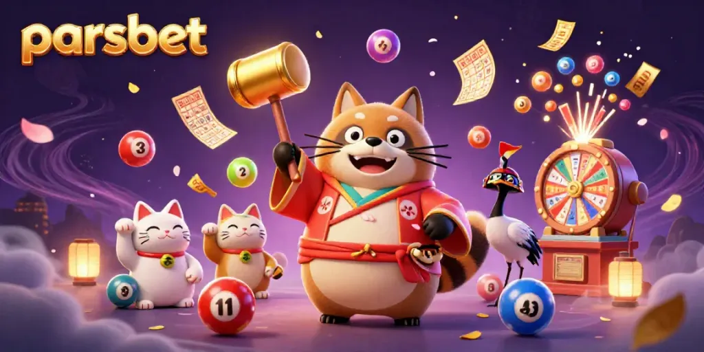 Parsbet ile eğlenceli bir kumar sahnesinde tanuki, uçan şans kedileri ve renkli piyango topları bulunuyor.