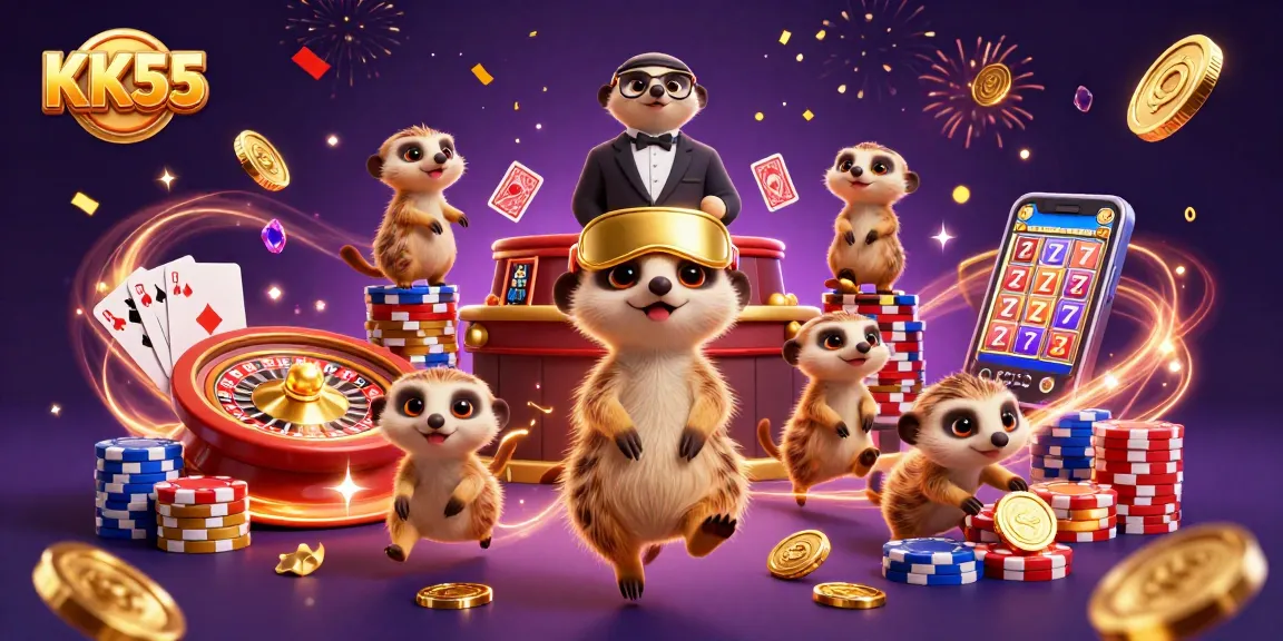 Engage with KK55’s thrilling casino world featuring lively meerkats, vibrant chips, and spinning roulette.