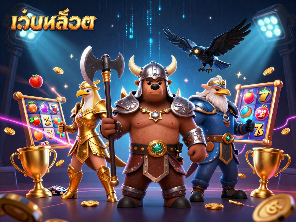 Experience dynamic เว็บสล็อต action with spinning slots, golden trophies, and animated 3D characters.