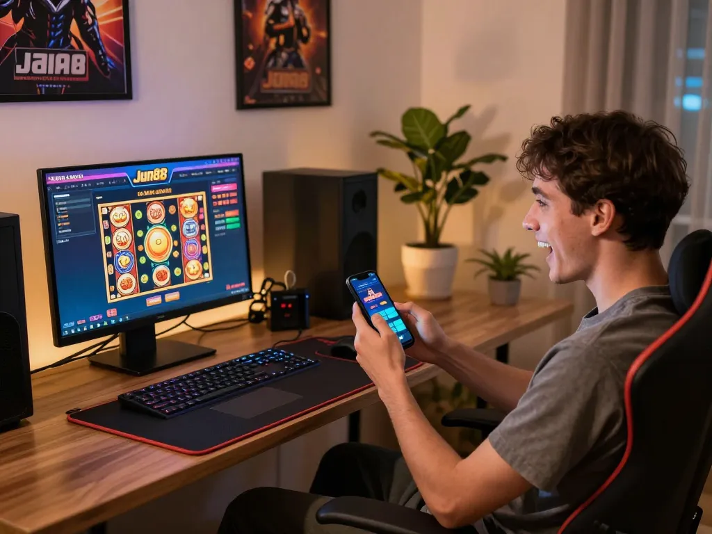 Player engaging with Jun88 casino app on a laptop, showcasing vibrant slot game graphics.