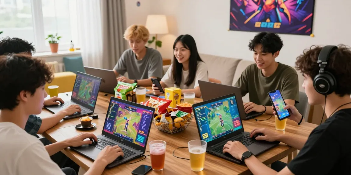 Exciting game bài 68 scene featuring young participants engaged with vibrant digital devices, showcasing online gaming culture.