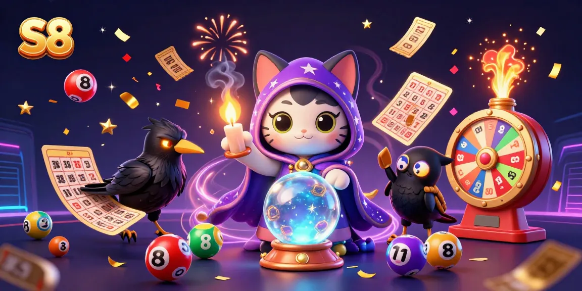 Experience the dynamic S8 casino scene with a mystic cat, raven, and vibrant lottery elements.