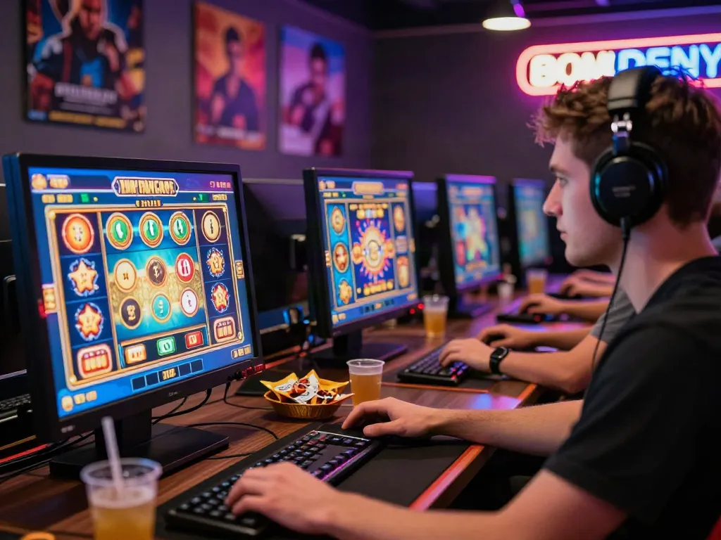 Player enjoying akunjp online slots at a vibrant gaming setup.