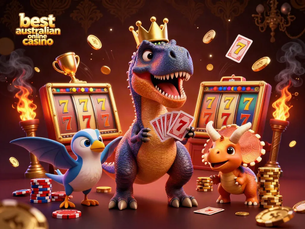Experience top thrills at the best australian online casino with a T-Rex dealer and playful characters.