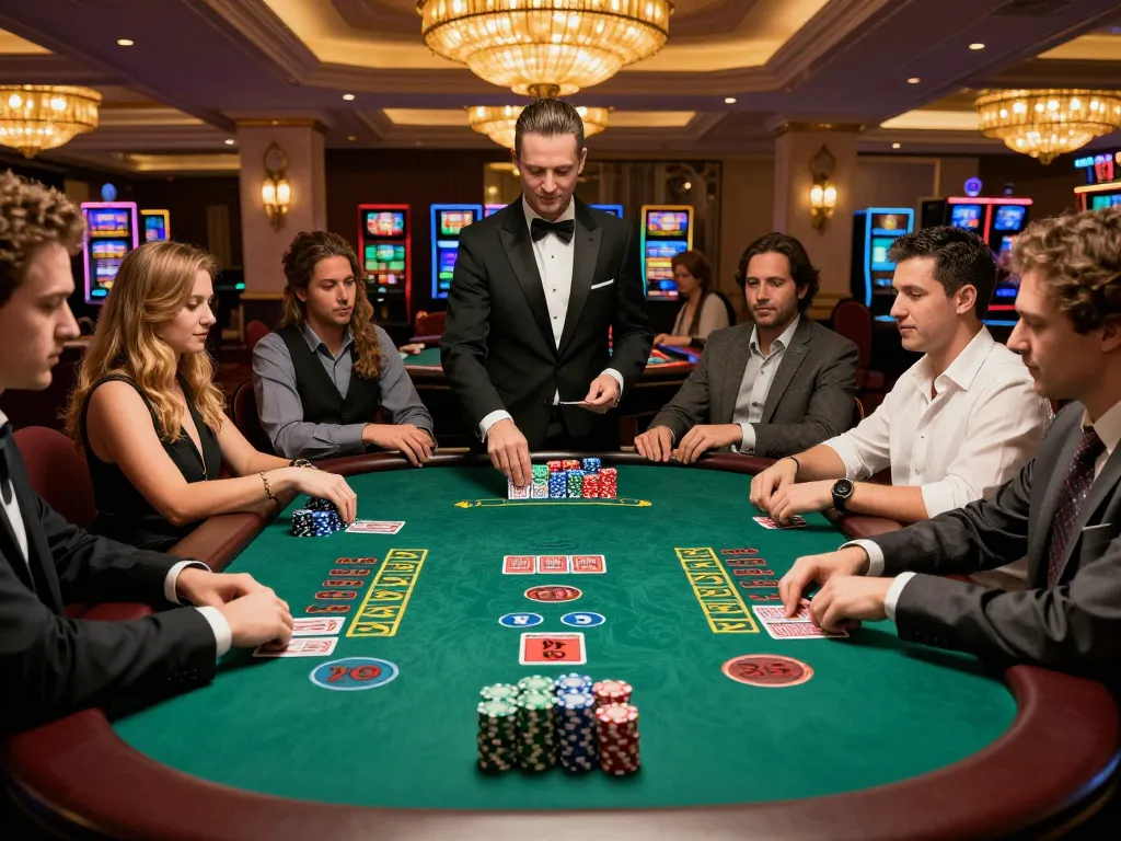 Players engaging in an intense game of blackjack at FIVE 88 casino, showcasing strategic bets and dealer action.