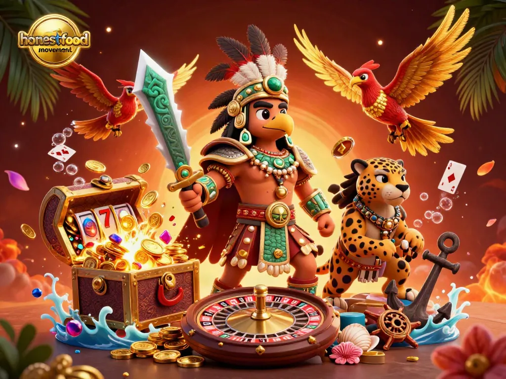 Engage with the honestfoodmovement through a vibrant 3D slot gaming scene featuring Aztec characters and dynamic casino elements.
