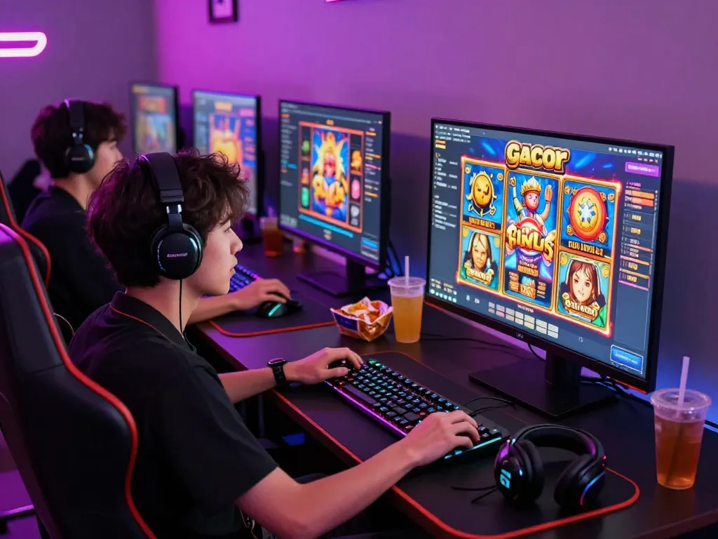 Player immersed in slot gacor gaming experience with vibrant graphics and engaging environment.