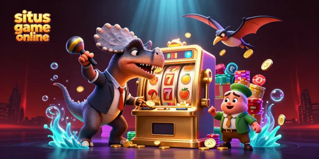 Engaging scene of situs game online with playful dinosaur characters, slot machine, and vibrant casino elements.