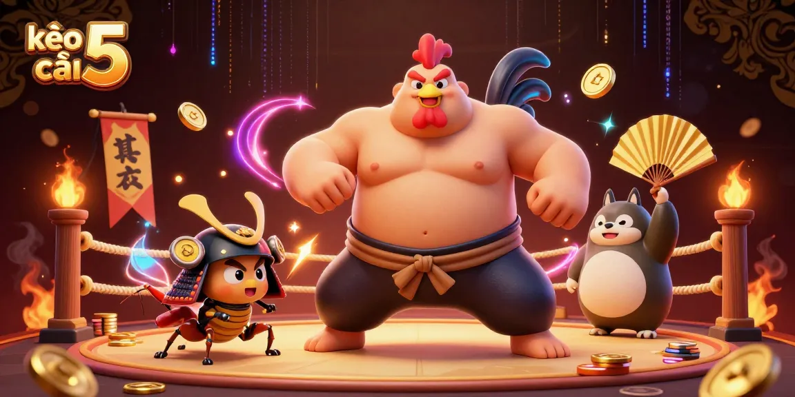 Engage with kèo nhà cái 5 featuring a powerful rooster sumo wrestler and dynamic betting arena.