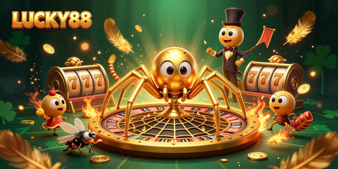 Experience the excitement of LUCKY88 with a vibrant 3D illustration of a golden spider and roulette web.