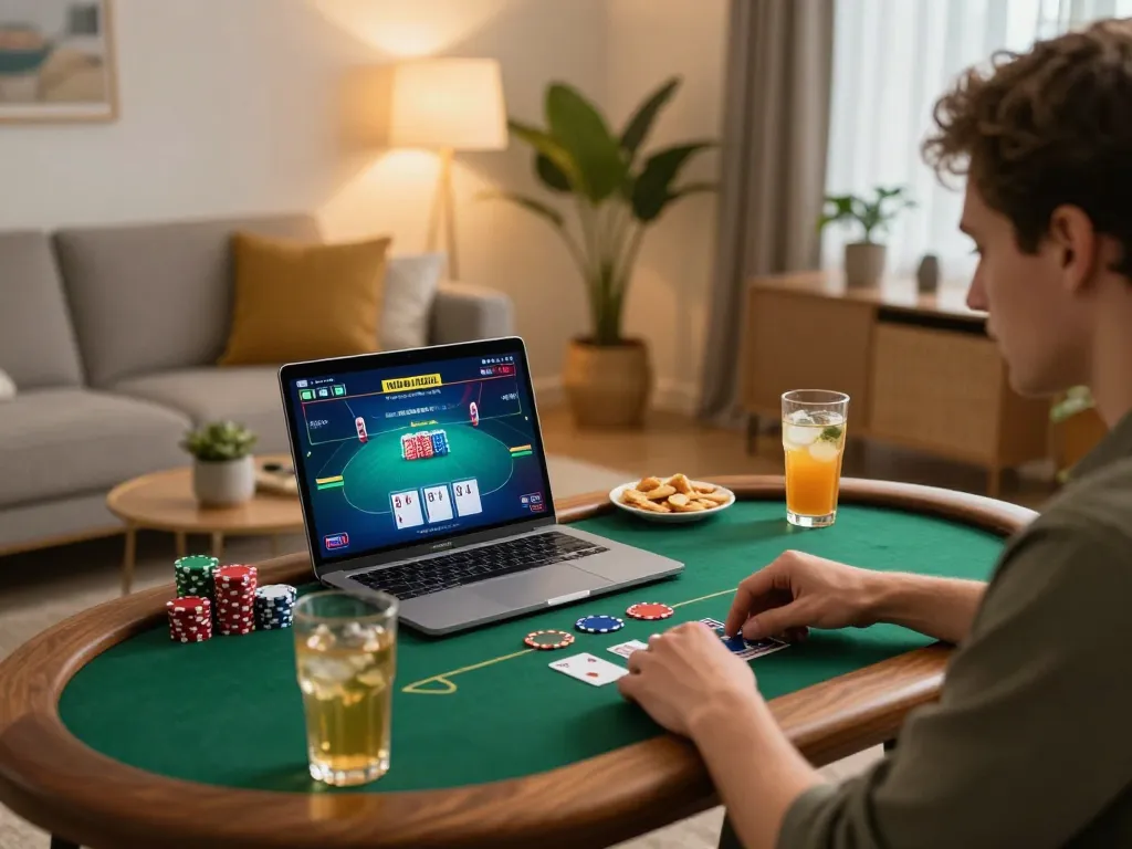 Player enjoying an interactive poker game on 3win in a cozy home setting.