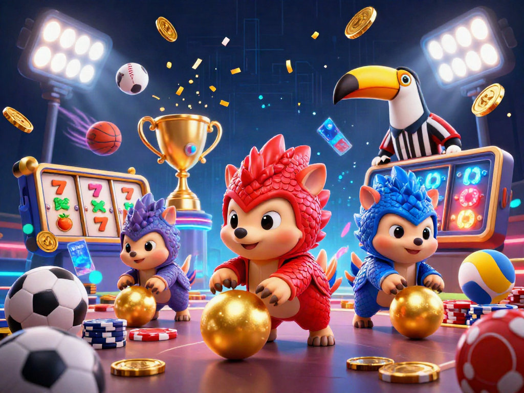 Experience thrilling เว็บสล็อต action as rival pangolins roll into golden slots while a toucan referee oversees the excitement.