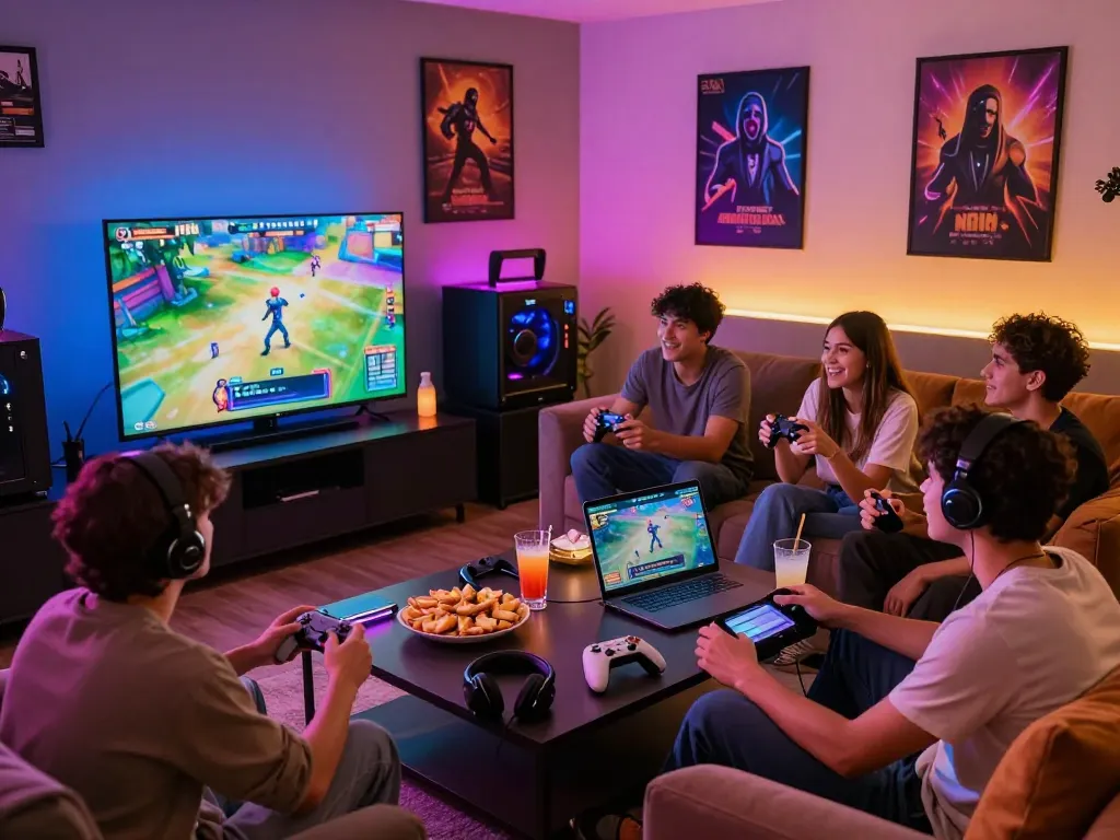 Exciting gaming lounge with friends enjoying a porngame, colorful atmosphere.
