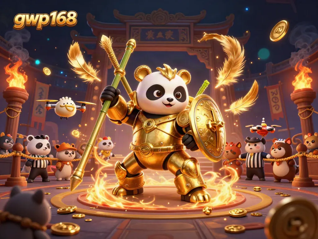 GWP168 membawa semangat permainan dengan panda emas dan robot bambu di arena taruhan.