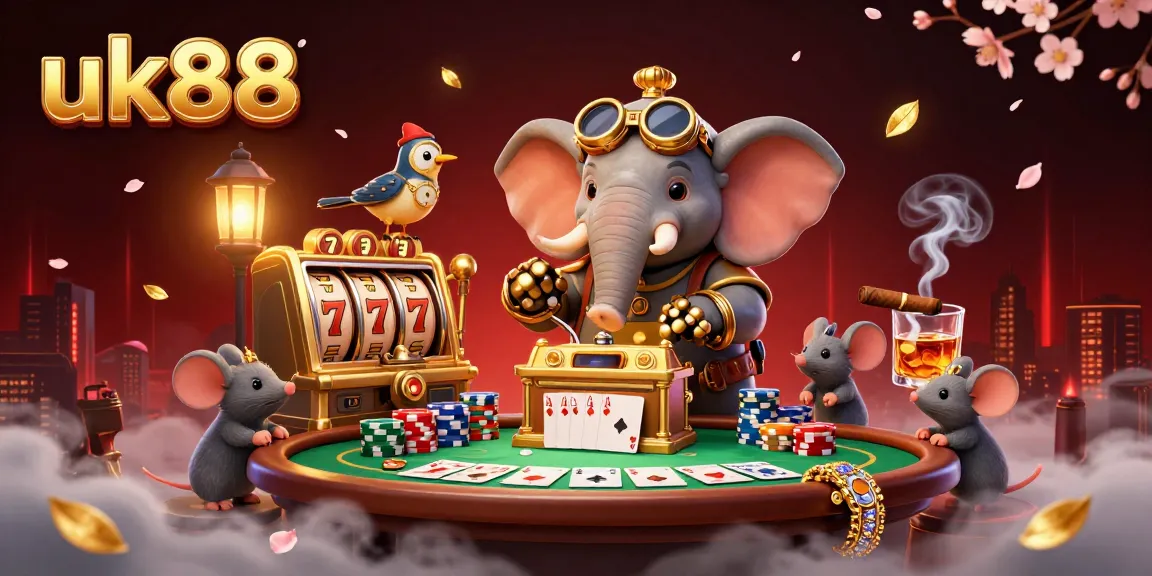 Spin and win at uk88 with a steampunk elephant at a vibrant casino scene.