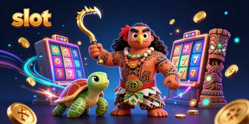 Experience thrilling slot action with dynamic reels and dazzling characters in this vibrant illustration.