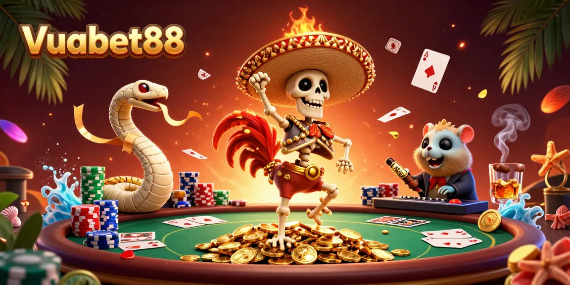 Experience thrilling victories with Vuabet88's golden celebration scene filled with poker action.