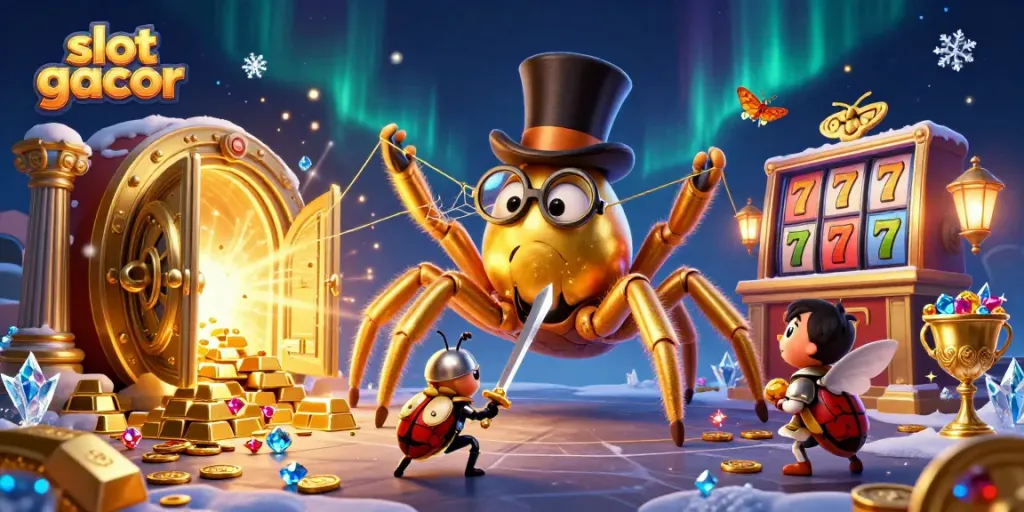 Engage with slot gacor visuals featuring a golden tarantula and knight amid rich casino treasures.