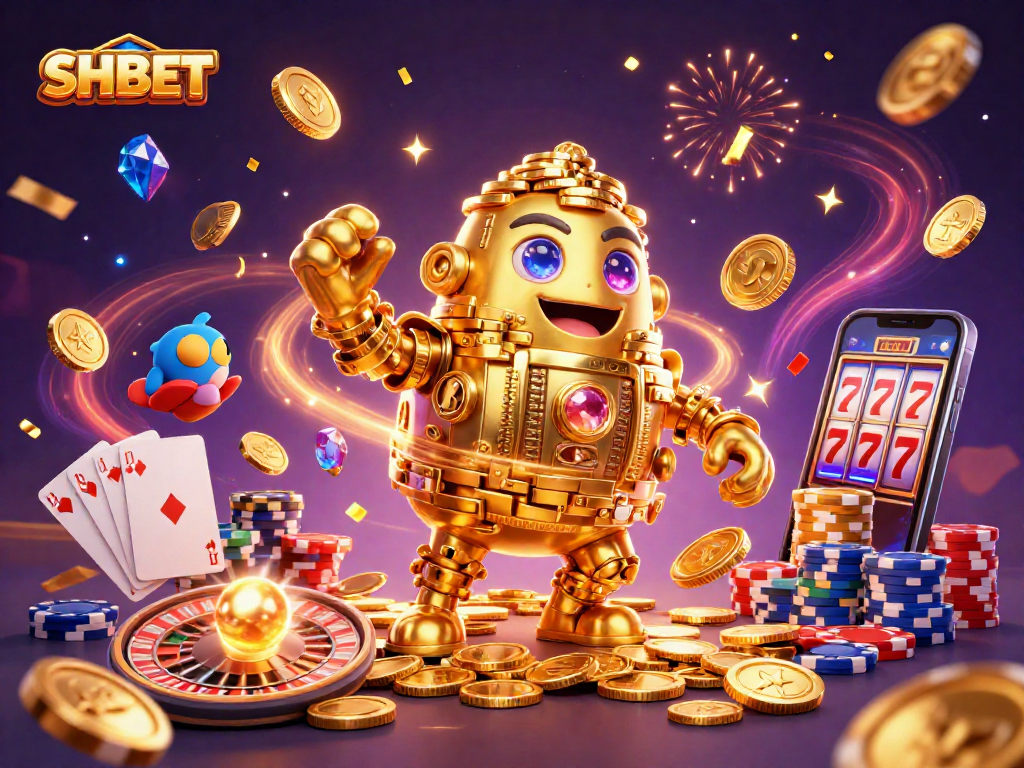 Engage in thrilling gameplay at SHBET, featuring an exciting golden golem, roulette wheel, and sparkling gems.