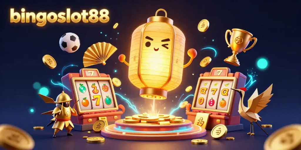 Gali keseruan bingoslot88 dengan lampion emas raksasa dan simbol keberuntungan di kasino.