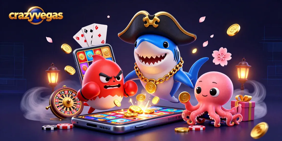 Engage with crazyvegas as a pirate shark, pufferfish, and octopus celebrate casino gaming in a vibrant 3D scene.