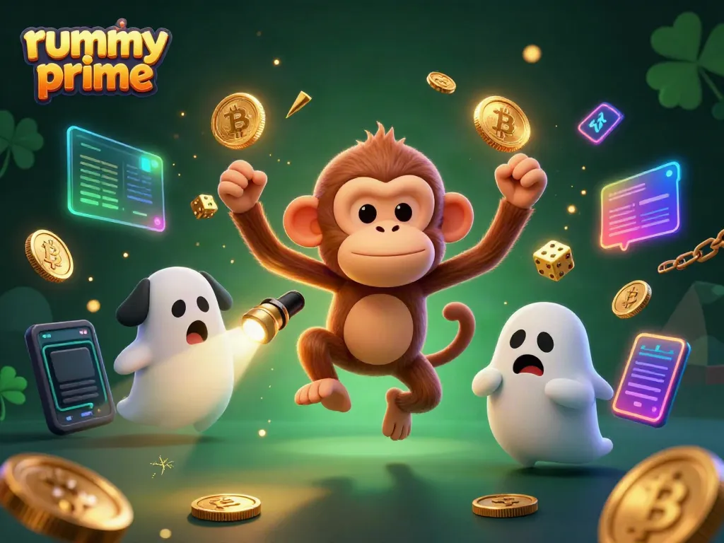 Join the fun of rummy prime as the mischievous monkey and curious puppy navigate a haunted casino.