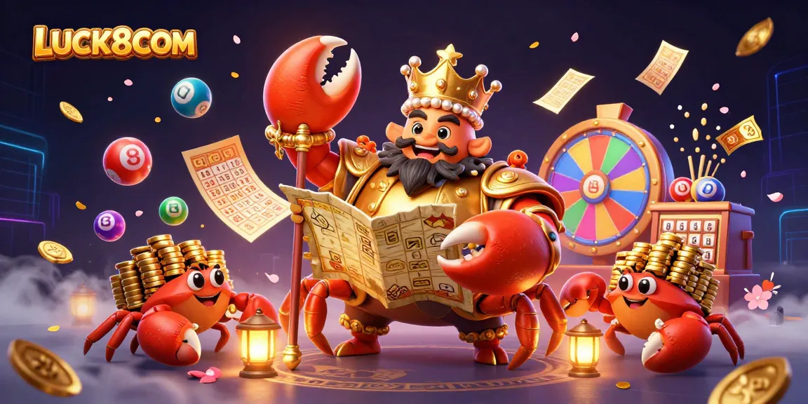 Engage with LUCK8COM's vibrant world of gaming featuring dynamic lotto elements and a majestic crab emperor.