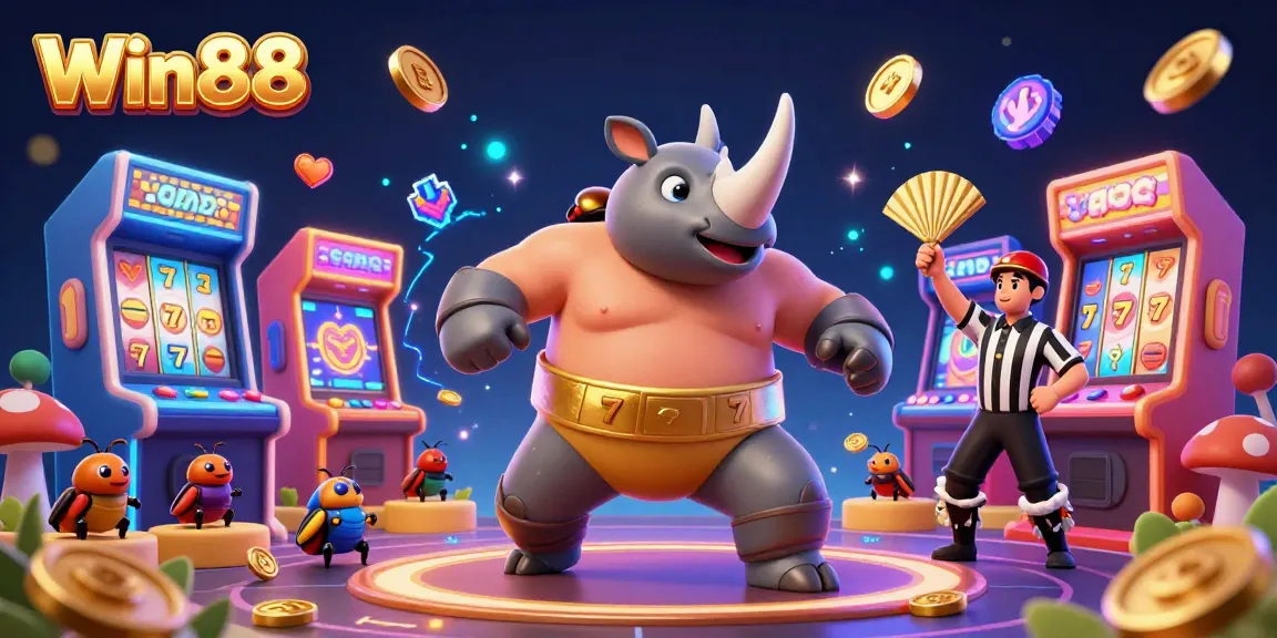 Win88 engages players with a vibrant 3D illustration of a cartoon beetle champion winning big in a lively slot game atmosphere.