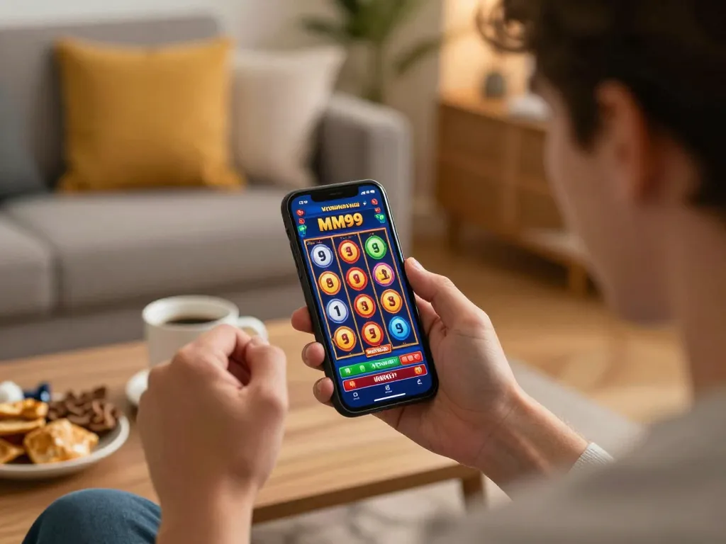 Player enjoying an MM99 Slot game on a smartphone in a cozy home setting, celebrating a win