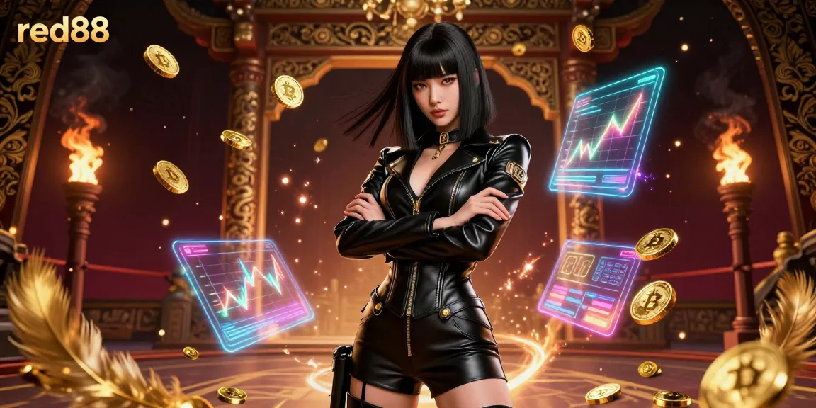 Experience thrilling gameplay at red88 with dynamic casino elements and a stunning Asian character.