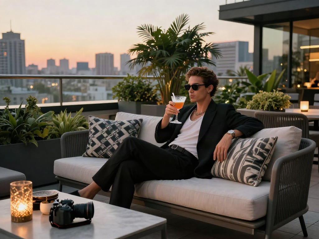 Gaya hidup mewah luxury111 di teras rooftop yang elegan dengan pemandangan kota.