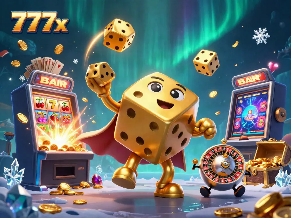 Experience excitement at 777x casino with a colorful, dynamic scene featuring 3D animated characters and jackpot visuals.