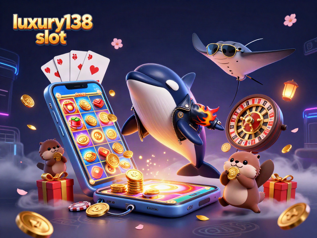 Permainan slot luxury138 slot dengan karakter beruang orca dan uang emas yang mengapung.