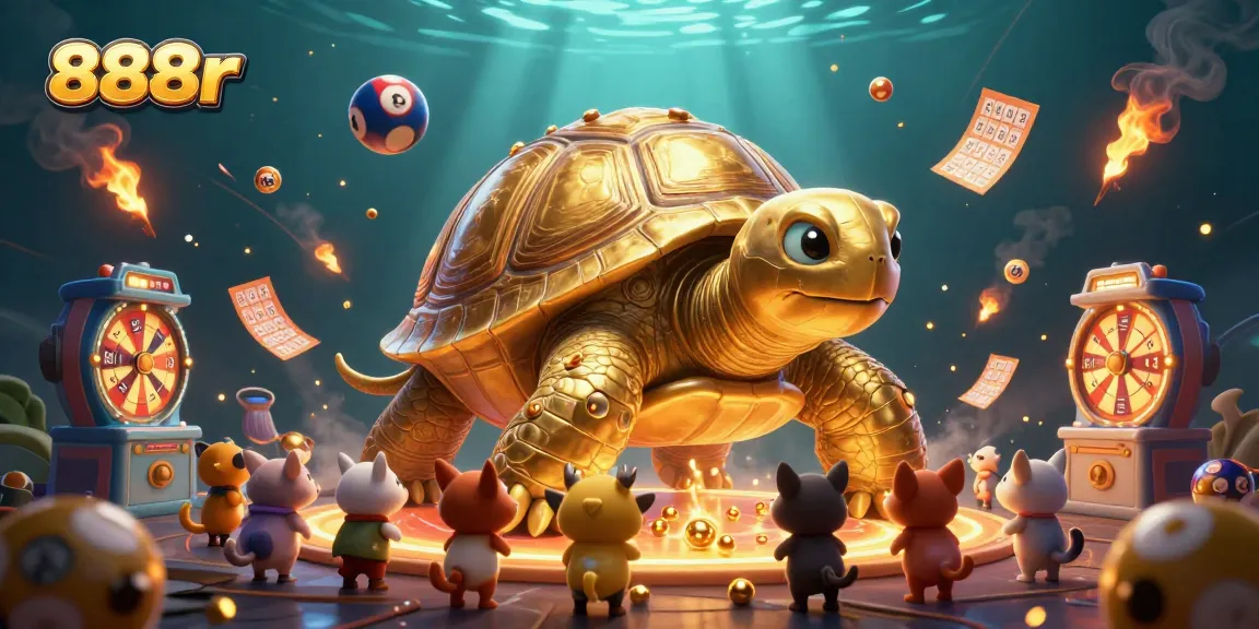 Engage with the exciting world of 888r through a vibrant, dynamic lottery scene featuring a colossal golden tortoise.