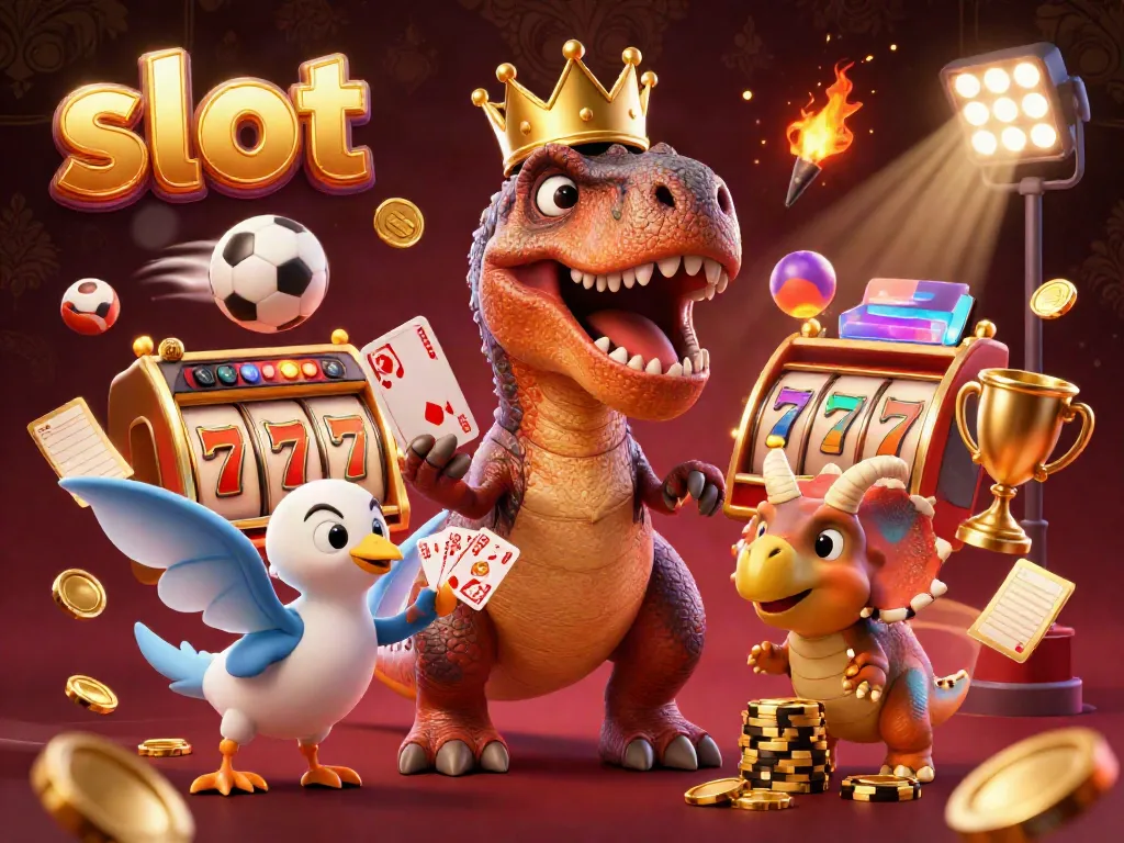 Experience thrilling slot action in a vibrant 3D illustration of a T-Rex and dinosaurs at a casino.