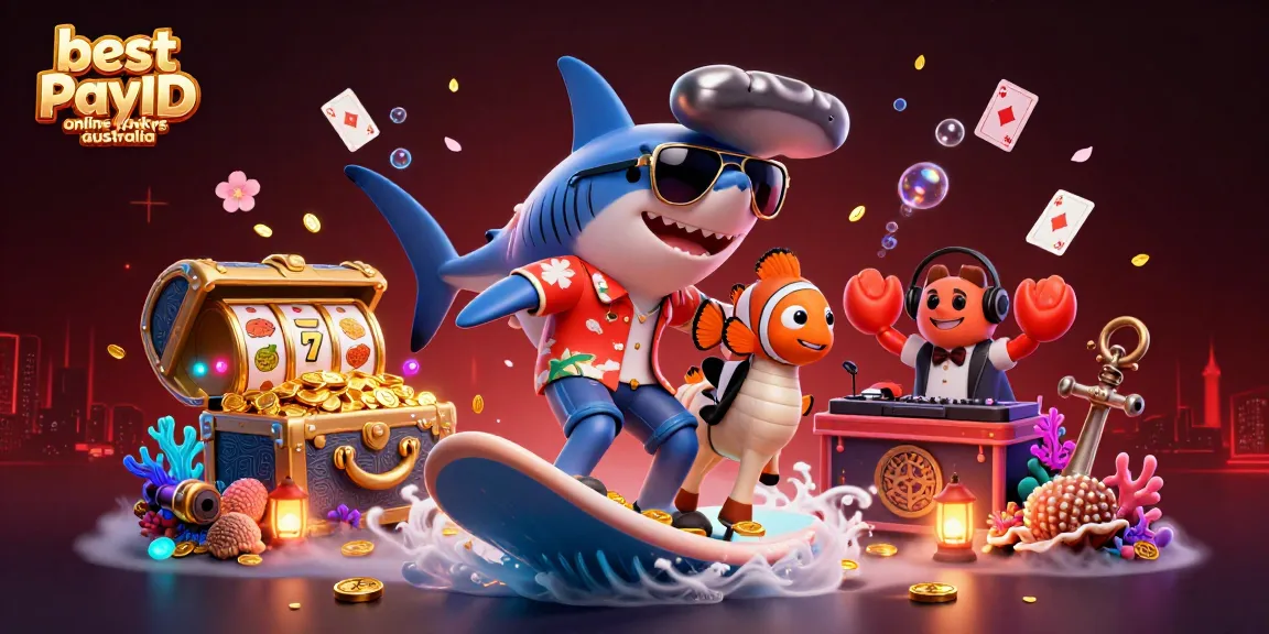Experience the excitement of the best PayID online pokies Australia with vibrant casino elements in a colorful 3D illustration.
