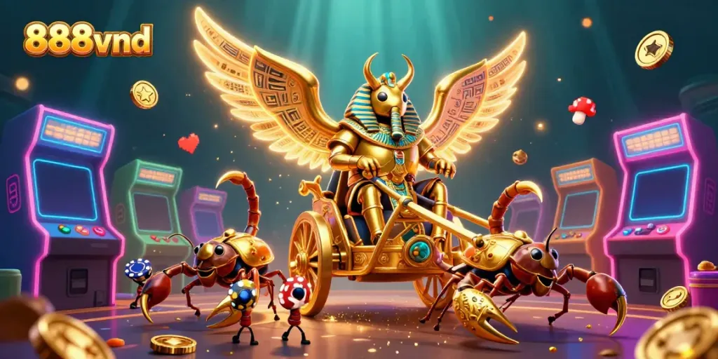 Experience thrilling gaming action with 888vnd's vibrant casino scene featuring animated characters and arcade games.