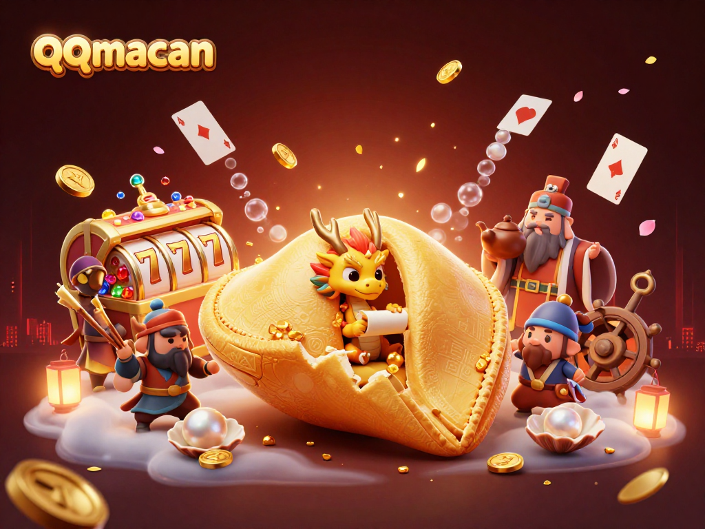 Win big with qqmacan's vibrant 3D casino scene featuring a golden fortune cookie and dynamic slot elements.