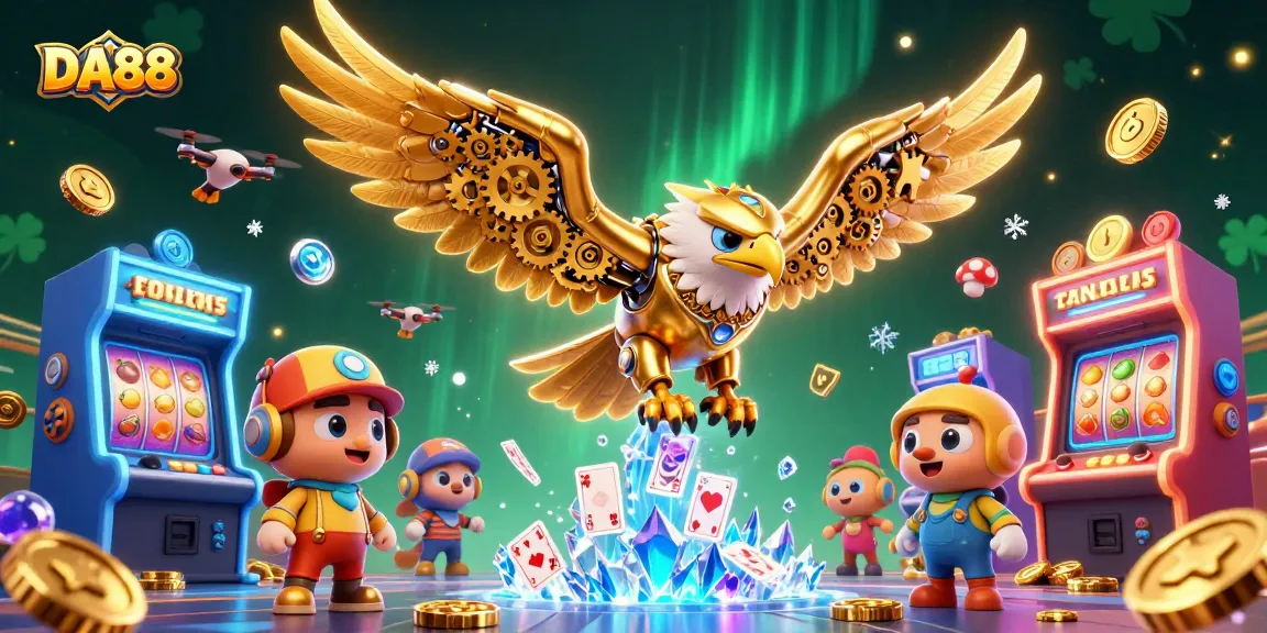Experience thrilling gameplay with DA88's dynamic, vibrant graphics featuring a cybernetic eagle in a casino-themed scene.