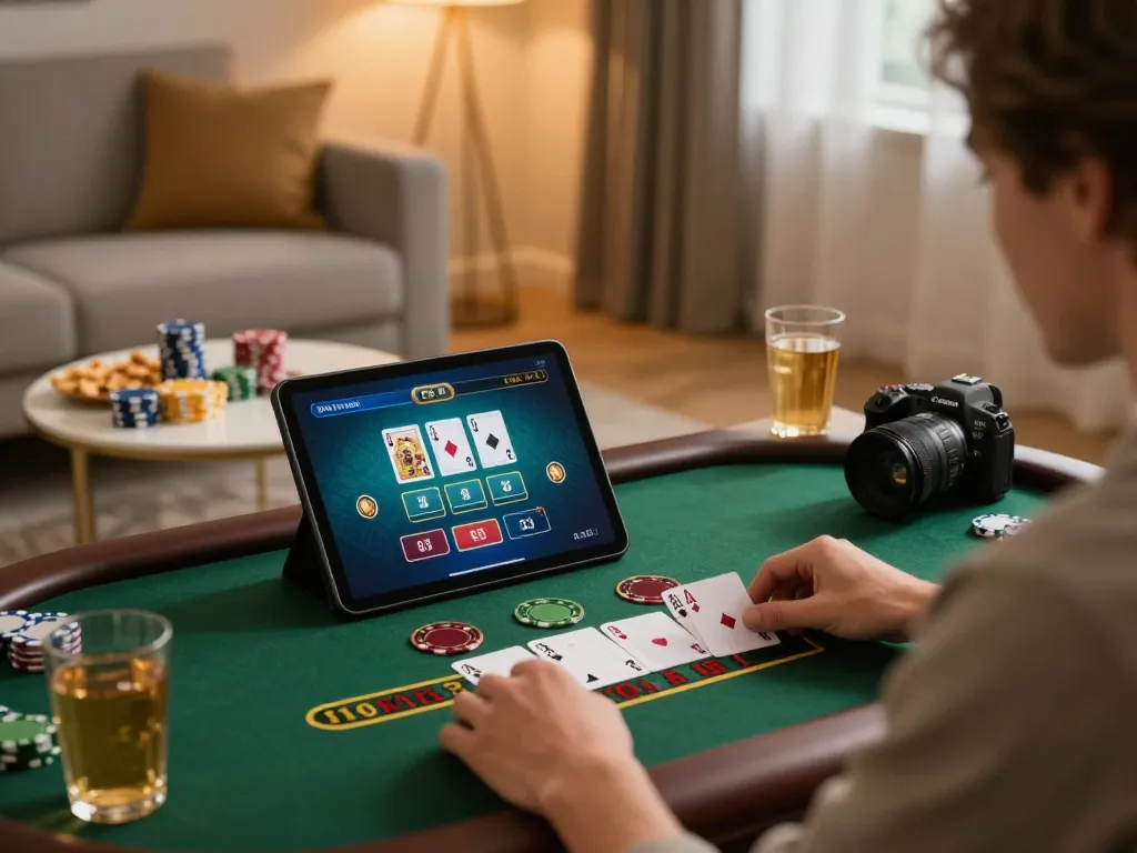F8BET player enjoying a live dealer blackjack game on tablet in a cozy home setting