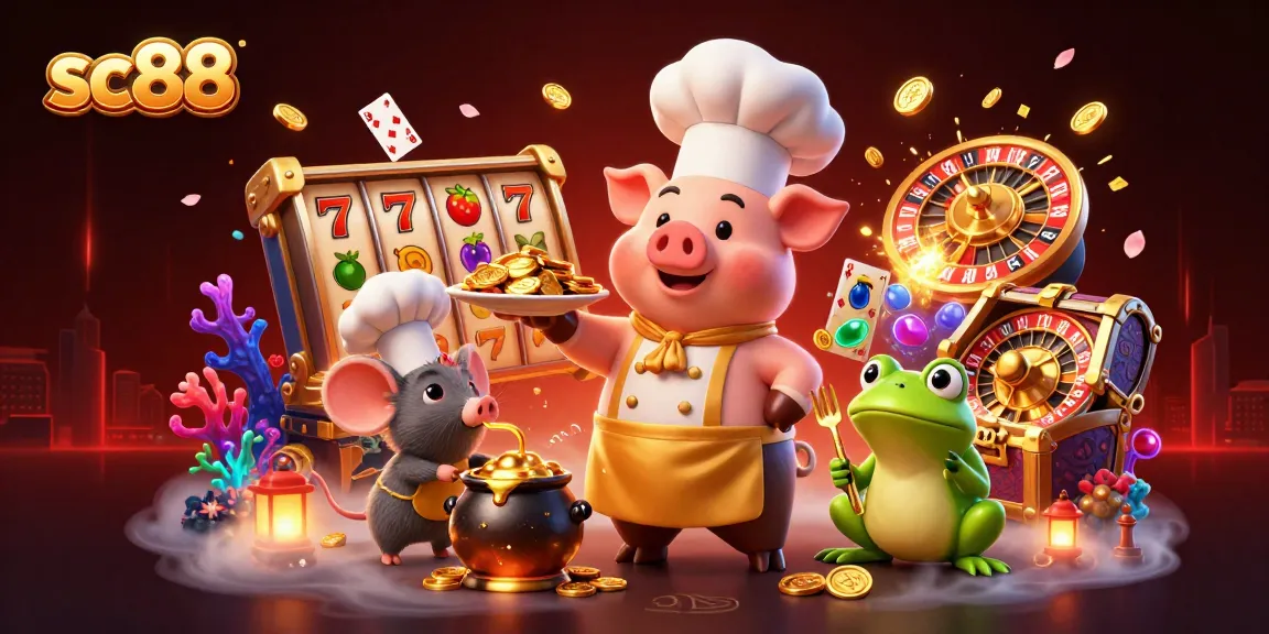 sc88 offers a vibrant casino scene featuring a chef pig serving gold coins amid slot reels and underwater treasures.