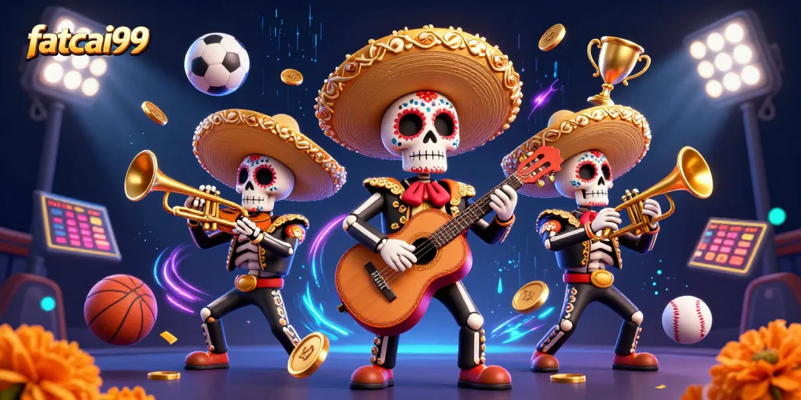 Experience the excitement of fatcai99 with dynamic sports betting elements and a vibrant mariachi band illustration.
