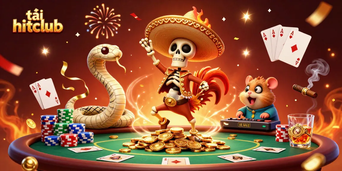 Experience the thrill of tải hitclub with vibrant casino characters celebrating on a poker table.