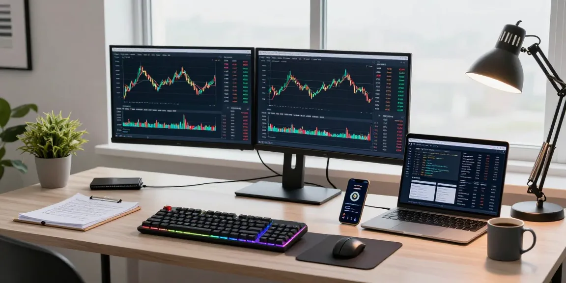 Funexchange cryptocurrency trading setup with monitors displaying Bitcoin charts and digital wallet applications in a modern office.